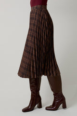 Brown Plaid Pleated Midi Skirt