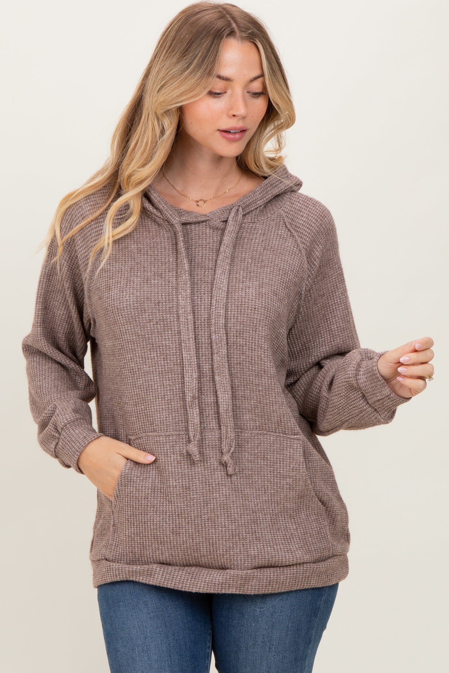 Mocha Long Sleeve Solid Maternity Hoodie Top