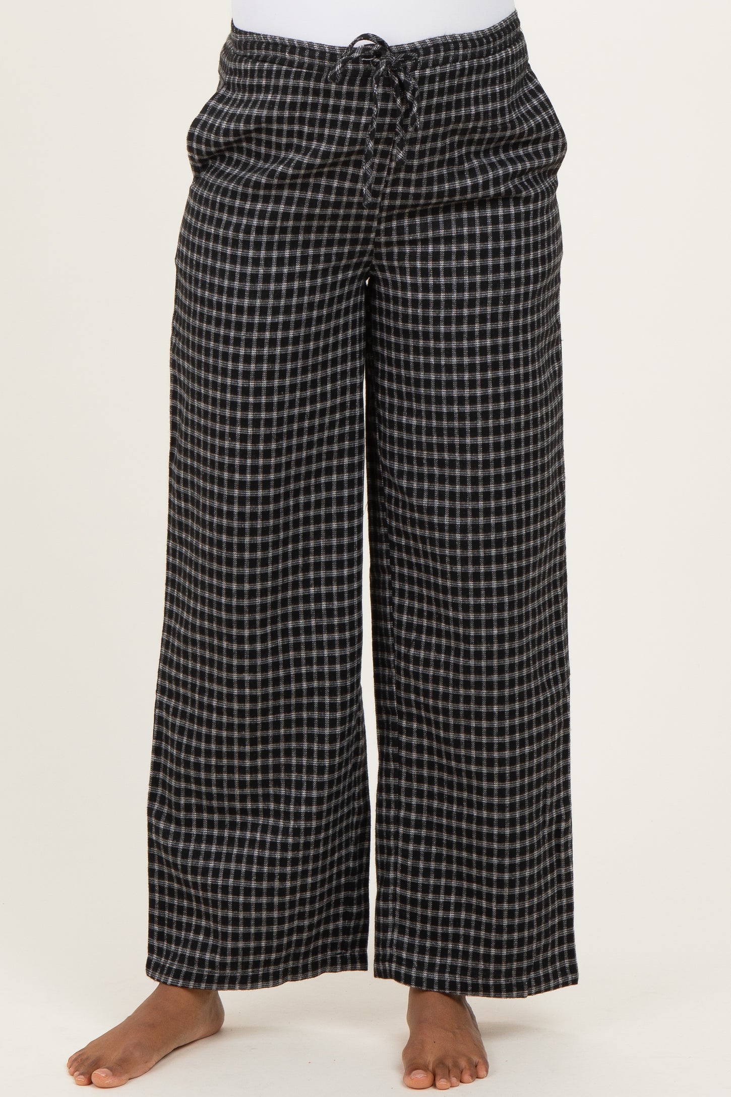 Black Plaid Drawstring Maternity Flannel Pants