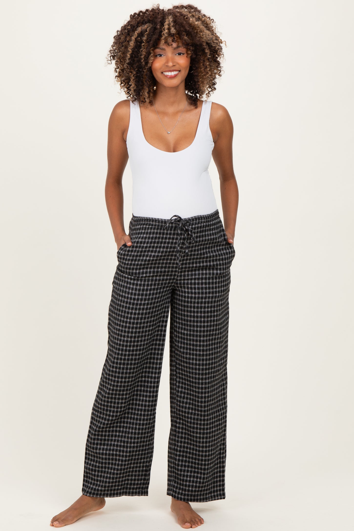 Black Plaid Drawstring Maternity Flannel Pants