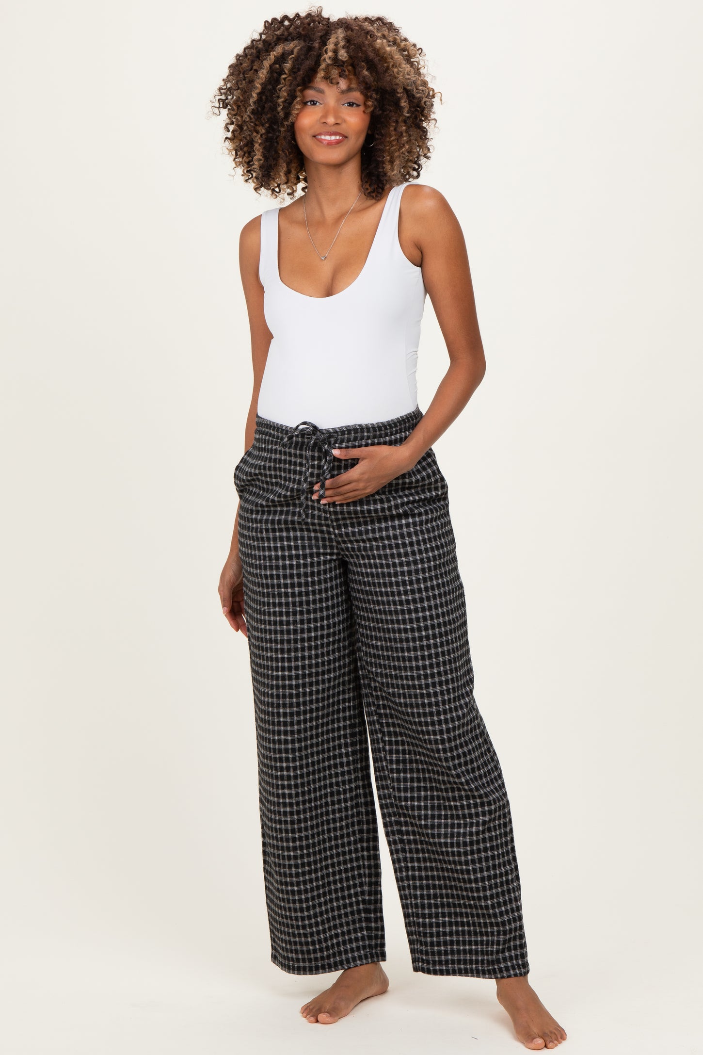 Black Plaid Drawstring Maternity Flannel Pants