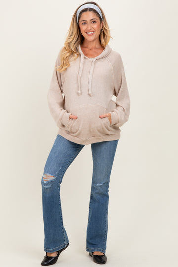 Beige Long Sleeve Solid Maternity Hoodie Top