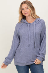 Denim Blue Long Sleeve Solid Maternity Hoodie Top