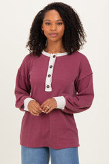 Burgundy Long Sleeve Contrast Button Detail Rib Top