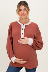 Rust Long Sleeve Contrast Button Detail Rib Maternity Top