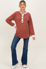 Rust Long Sleeve Contrast Button Detail Rib Maternity Top