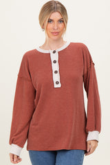 Rust Long Sleeve Contrast Button Detail Rib Maternity Top