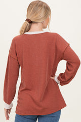 Rust Long Sleeve Contrast Button Detail Rib Top