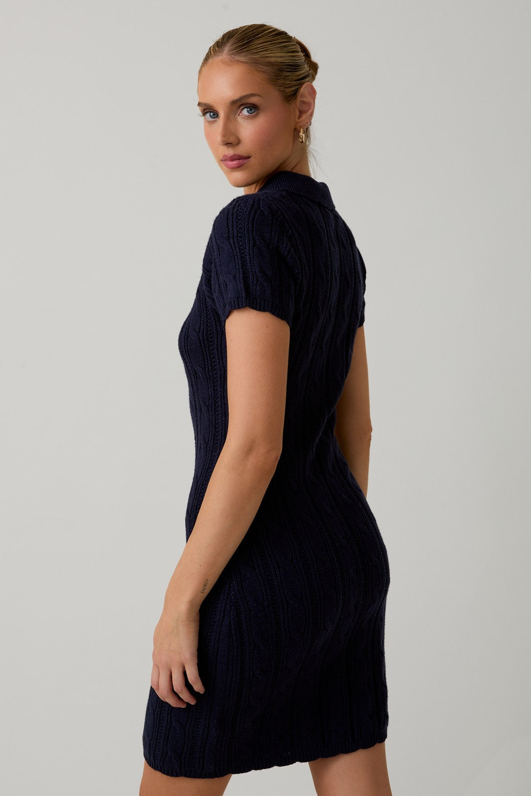 Navy Cable Knit Polo Sweater Dress
