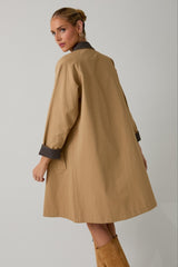 Camel Plaid Contrast A-Line Midi Trench Coat
