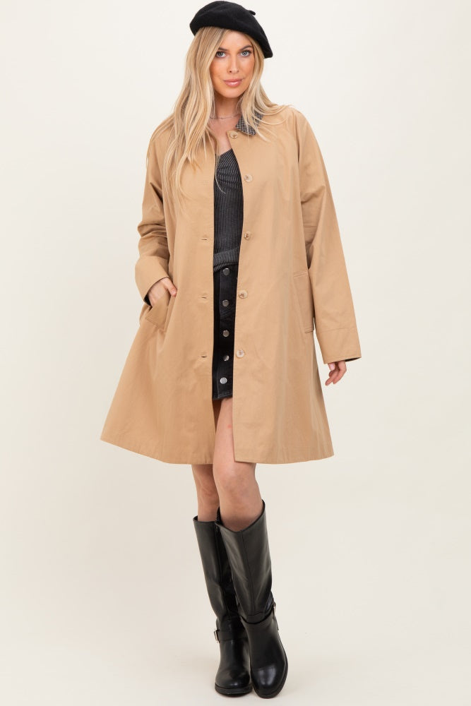 Camel Plaid Contrast A-Line Midi Trench Coat