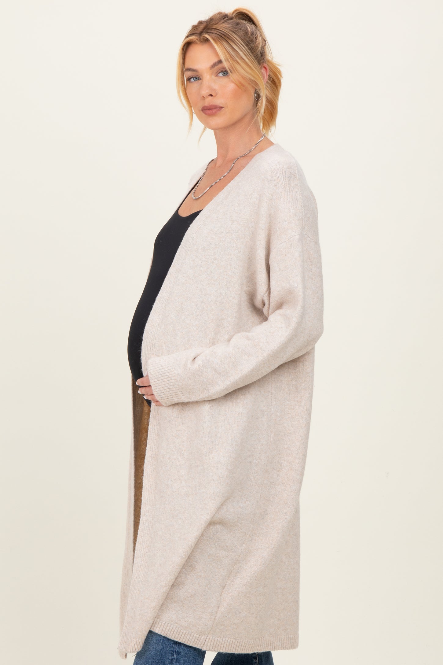 Cream Brushed Knit Maternity Open Long Cardigan