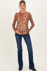 Brown Printed Mesh Mock Neck Maternity Long Sleeve