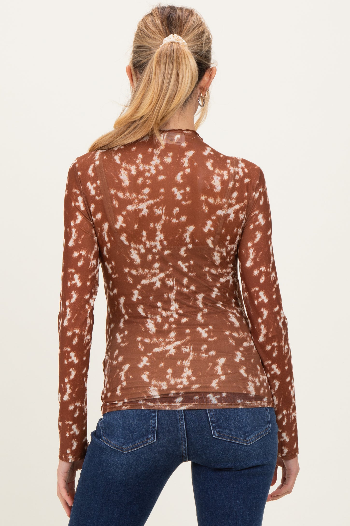 Brown Printed Mesh Mock Neck Maternity Long Sleeve
