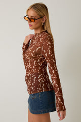 Brown Printed Mesh Mock Neck Long Sleeve