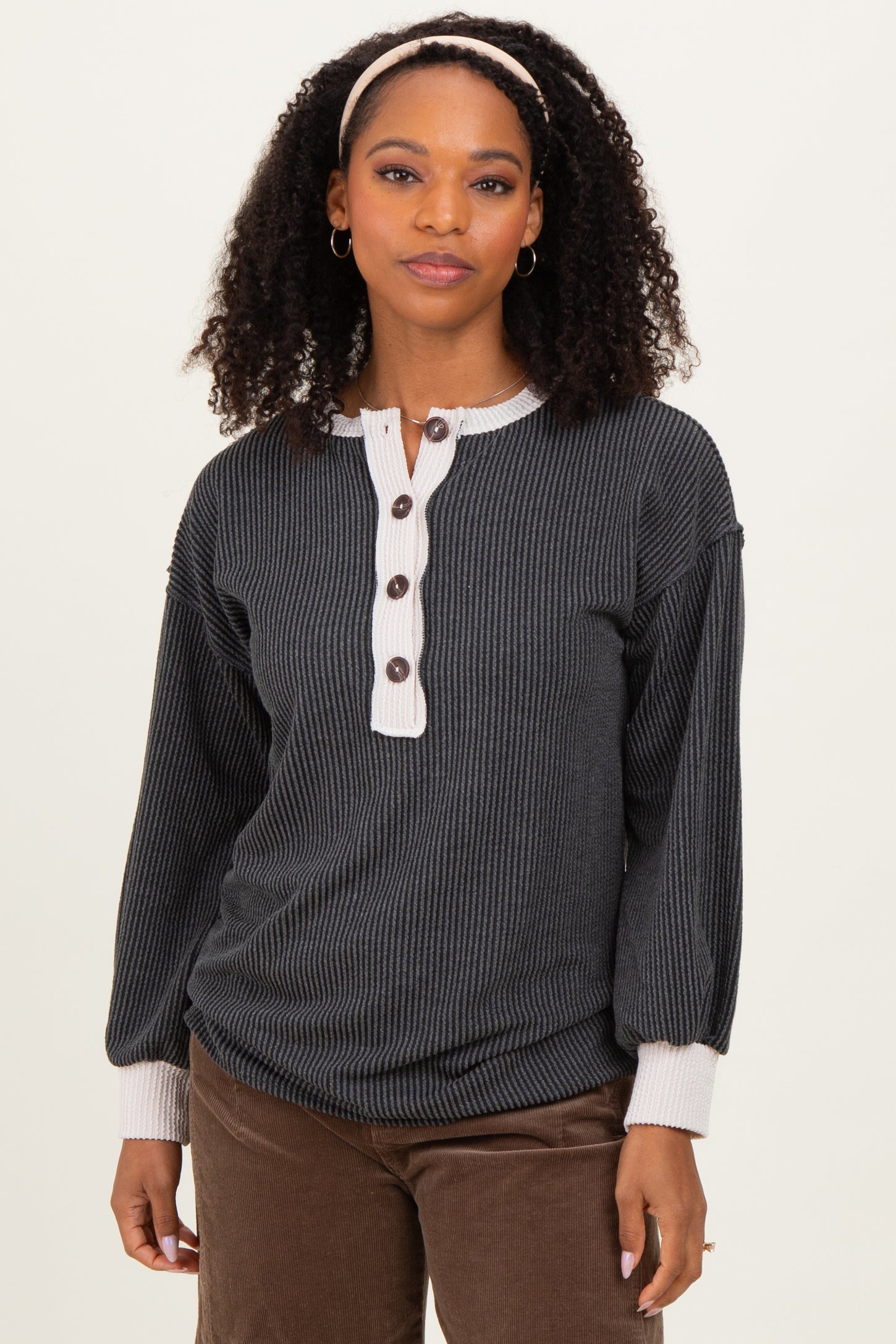 Charcoal Long Sleeve Contrast Button Detail Rib Top