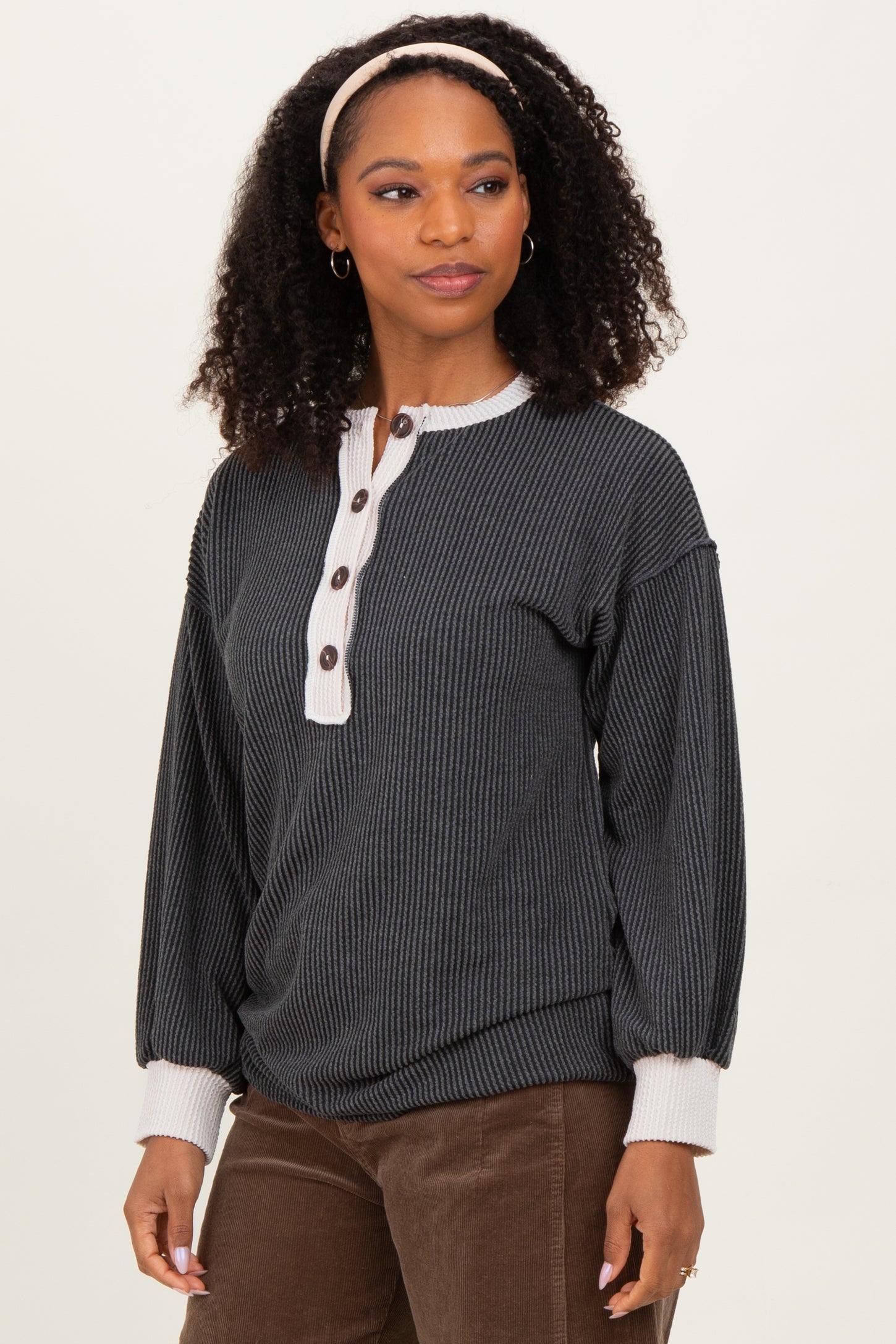 Charcoal Long Sleeve Contrast Button Detail Rib Top