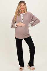 Mocha Long Sleeve Contrast Button Detail Rib Maternity Top