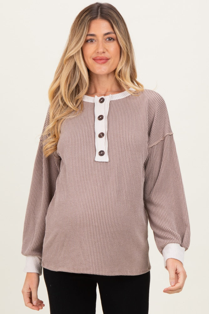 Mocha Long Sleeve Contrast Button Detail Rib Maternity Top