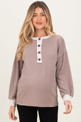 Mocha Long Sleeve Contrast Button Detail Rib Maternity Top