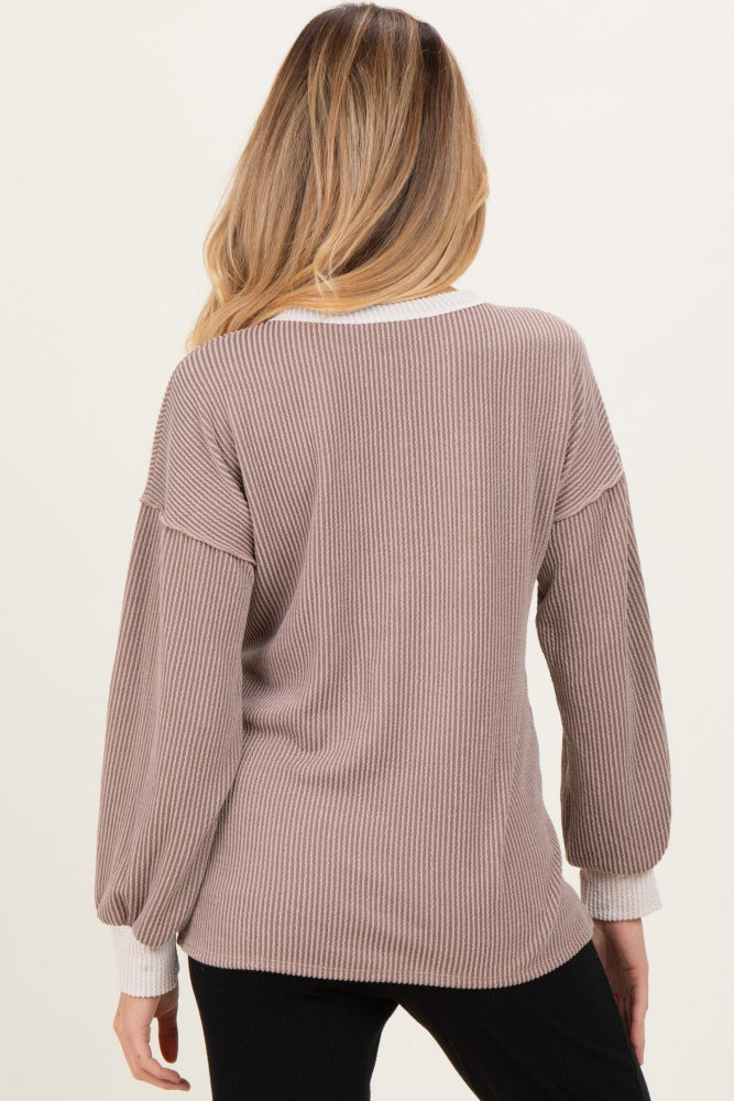 Mocha Long Sleeve Contrast Button Detail Rib Maternity Top