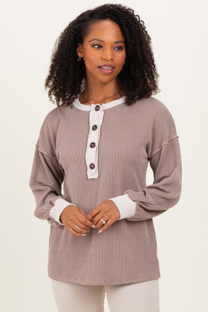 Mocha Long Sleeve Contrast Button Detail Rib Maternity Top