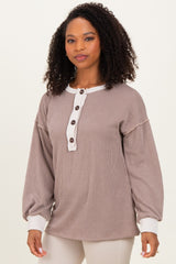 Mocha Long Sleeve Contrast Button Detail Rib Top