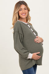 Olive Long Sleeve Contrast Button Detail Rib Maternity Top