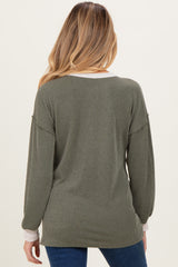 Olive Long Sleeve Contrast Button Detail Rib Maternity Top
