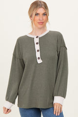 Olive Long Sleeve Contrast Button Detail Rib Top