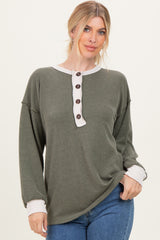 Olive Long Sleeve Contrast Button Detail Rib Top