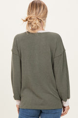 Olive Long Sleeve Contrast Button Detail Rib Top