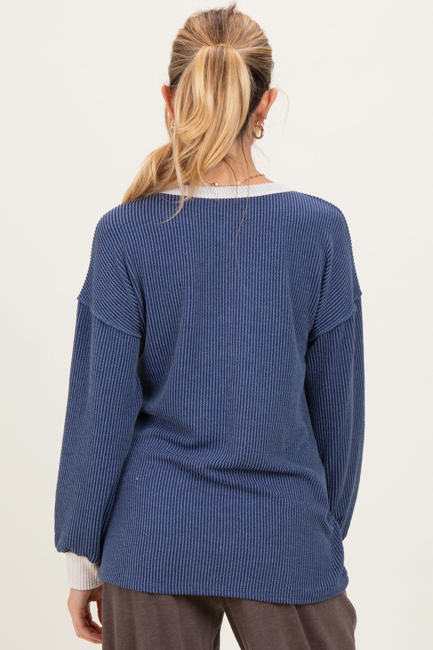 Navy Long Sleeve Contrast Button Detail Rib Maternity Top