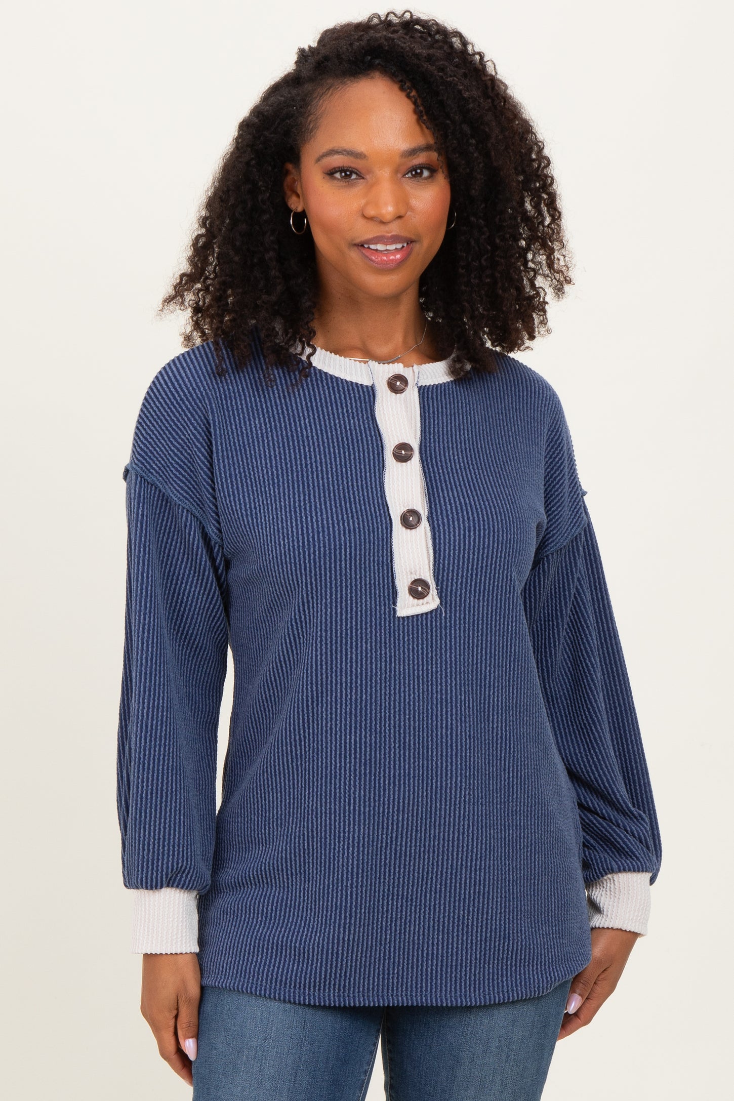 Navy Long Sleeve Contrast Button Detail Rib Maternity Top