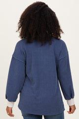 Navy Long Sleeve Contrast Button Detail Rib Top