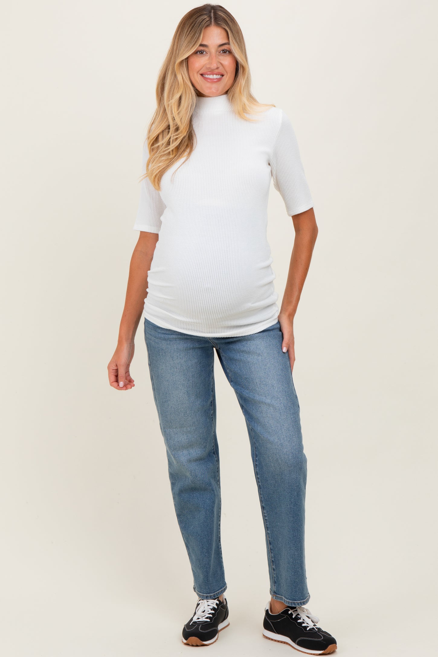 White Soft Brushed Knit Mock Neck Maternity Top