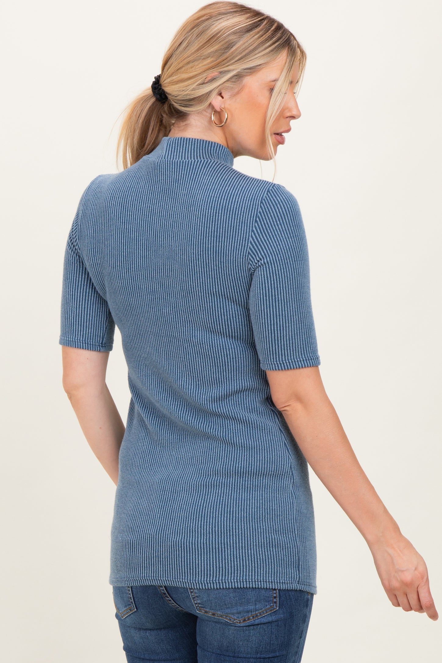 Denim Blue Soft Brushed Knit Mock Neck Top