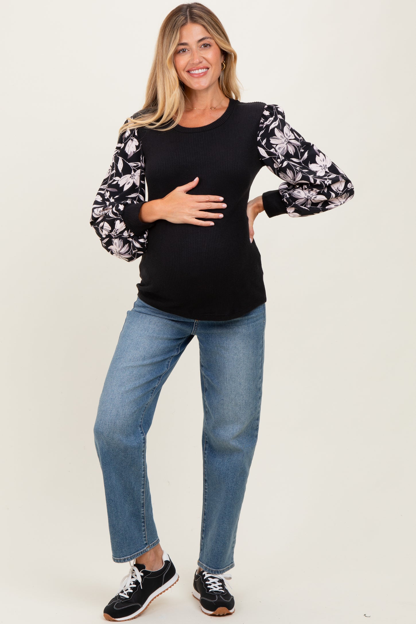 Black Floral Sleeve Ribbed Knit Maternity Top