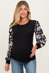 Black Floral Sleeve Ribbed Knit Maternity Top