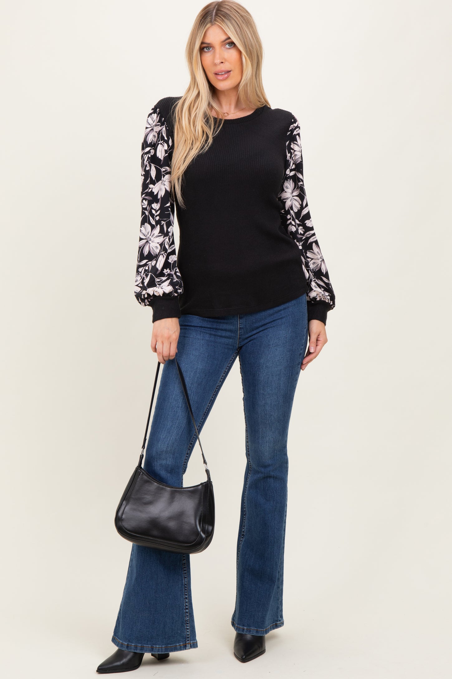 Black Floral Sleeve Ribbed Knit Top
