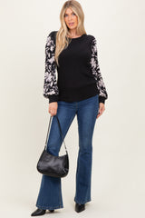 Black Floral Sleeve Ribbed Knit Top