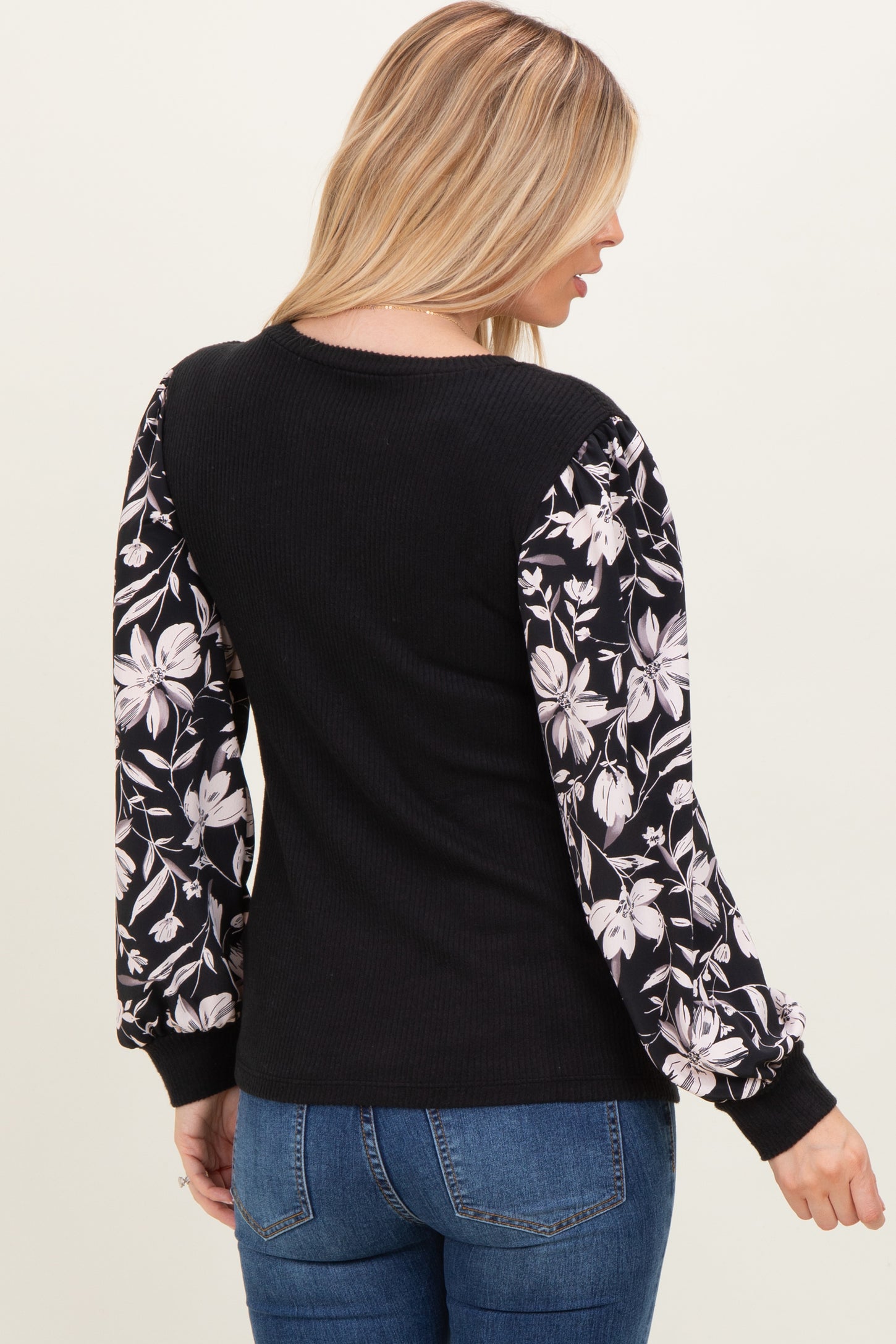 Black Floral Sleeve Ribbed Knit Top