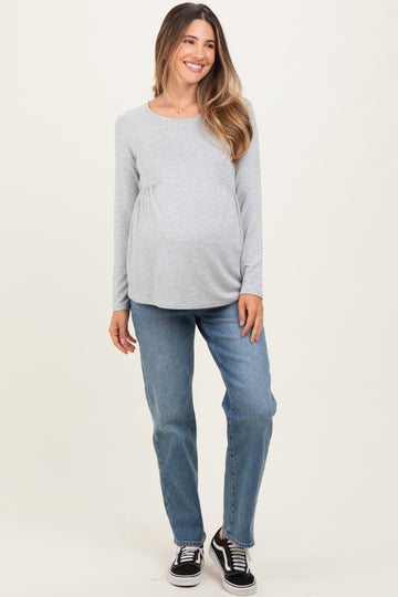 Heather Grey French Terry Long Sleeve Scoop Neck Maternity Top