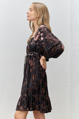 Black Floral Velvet Ruffle Accent Dress