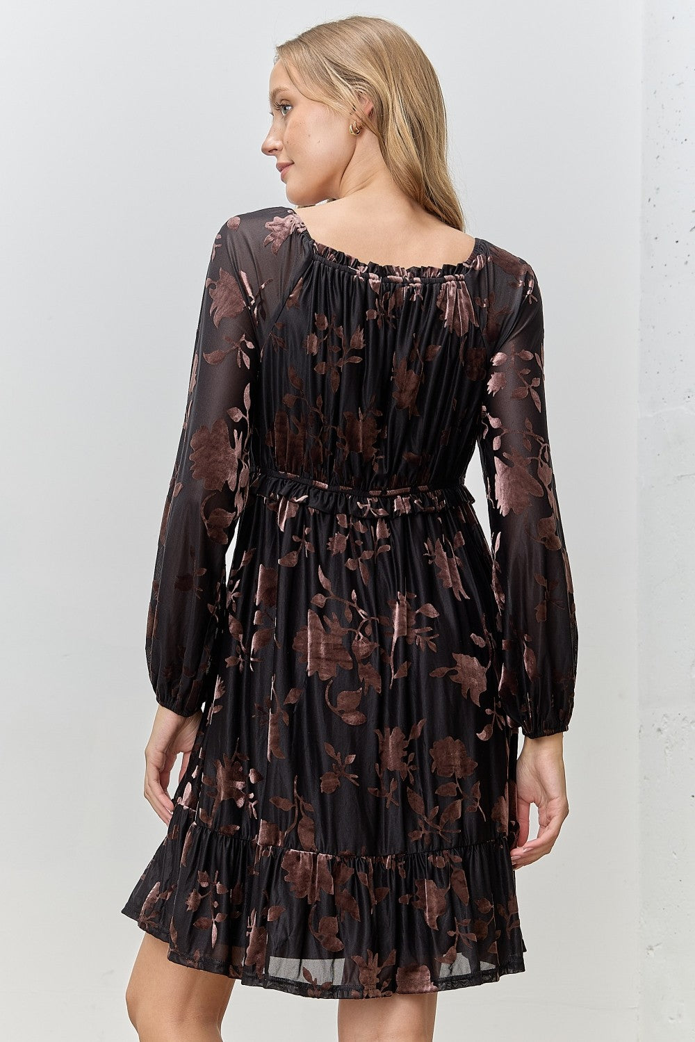 Black Floral Velvet Ruffle Accent Dress