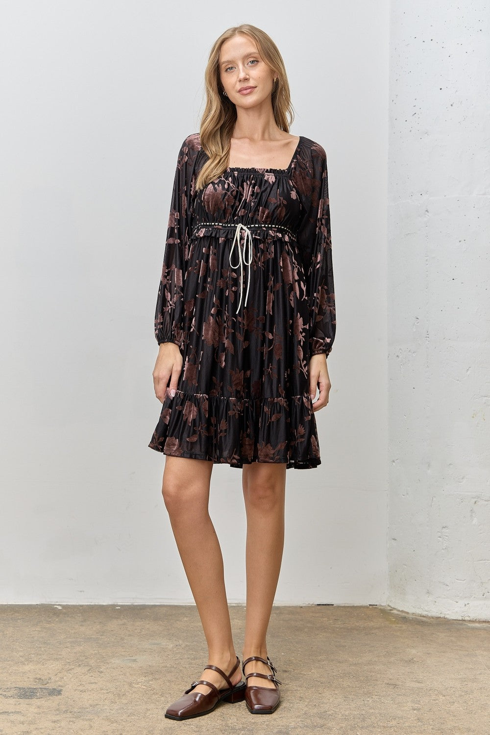 Black Floral Velvet Ruffle Accent Dress – PinkBlush
