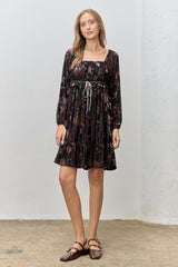 Black Floral Velvet Ruffle Accent Maternity Dress