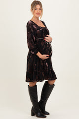 Black Floral Velvet Ruffle Accent Maternity Dress