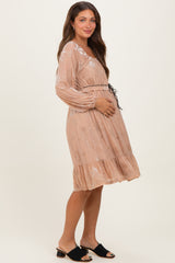 Mocha Floral Velvet Ruffle Accent Maternity Dress