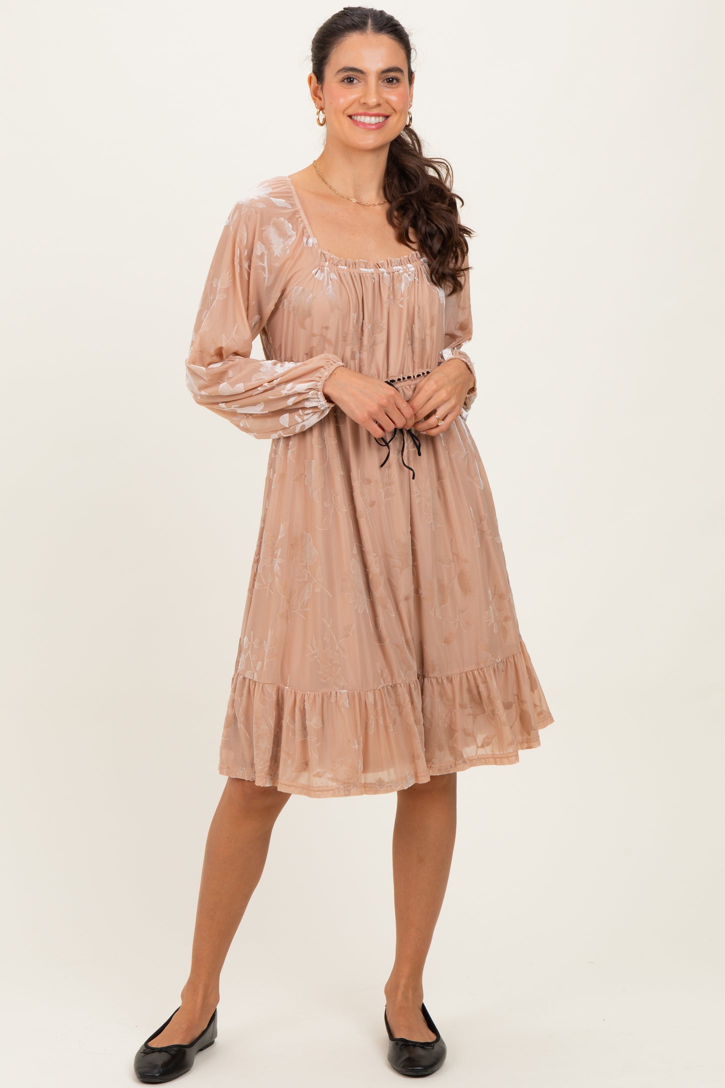 Mocha Floral Velvet Ruffle Accent Dress